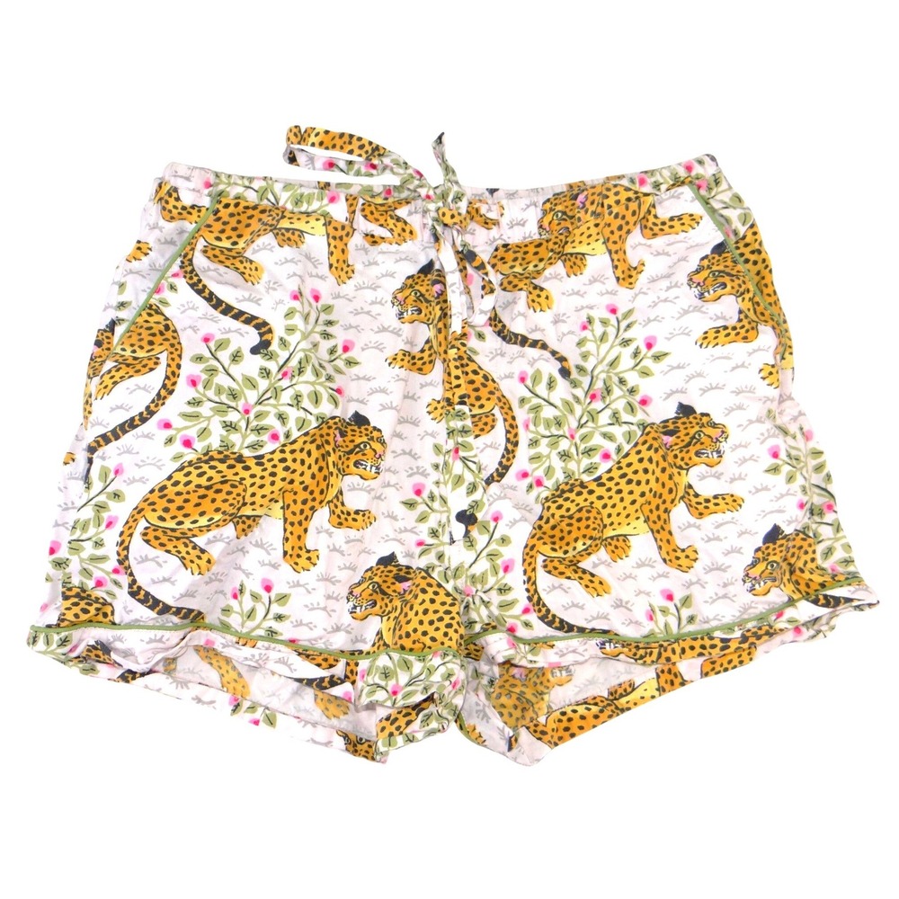 Leopard Botanical Print Pajama‎ Shorts Cream Green Piped Drawstring Sleepwear